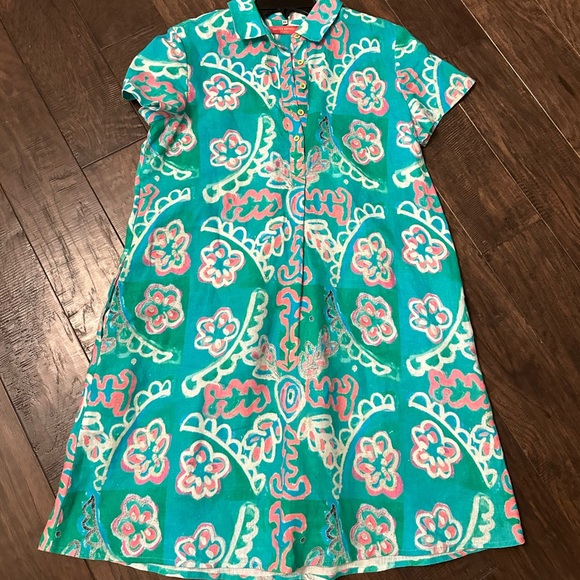 Amanda Johnson Studio Green Floral 100% Linen Shirt Dress $296 - Size XL - Picture 2 of 5